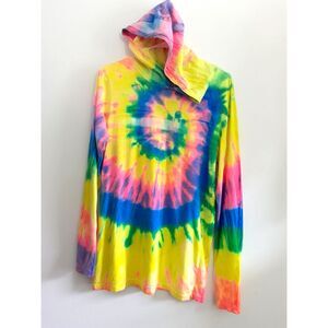 Dyenomite Colorful Bright Tie Dye Hooded LS Pullover Shirt  Small No Drawstring